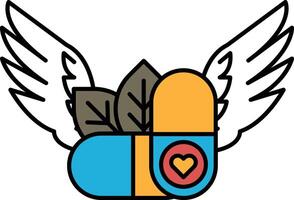 A blue and orange pill with a heart on it and wings above it vector