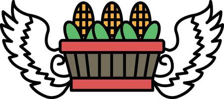 A drawing of three corn cobs and a basket of green vegetables vector