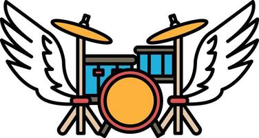 cartoon drawing of a drum set with wings on either side vector