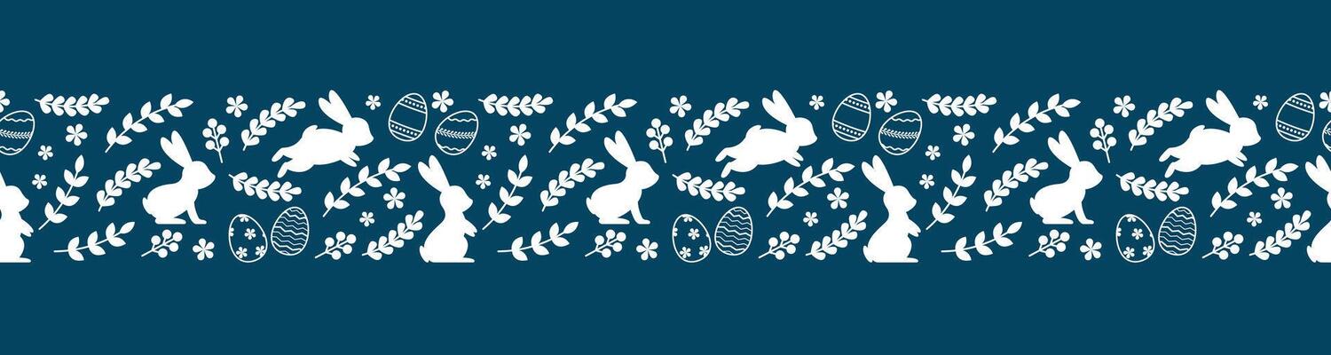 Cute Easter horizontal seamless pattern with eggs, bunnies, flowers. Easter festive border. Suitable for textiles, banners, wallpaper, wrapping paper. illustration