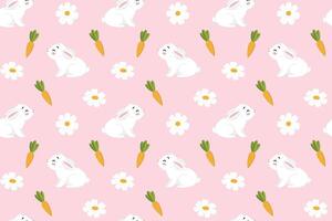 Seamless pattern with cute white little rabbit, carrot and daisies. Design for textile, wrapping paper, cards. illustration vector