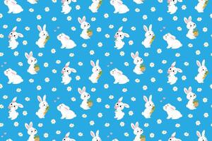 Seamless pattern with Rabbits, carrot and daisy flowers on blue background. illustration vector
