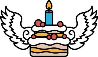 A cake with a candle on top and wings on either side vector