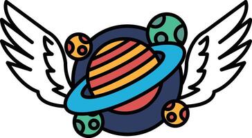 A colorful drawing of a planet with a blue and yellow circle in the middle vector