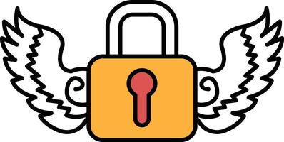 A lock with a key is shown with wings vector
