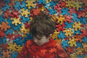 Child boy with autistic disorder on multicolored puzzle background photo