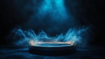 Glowing Futuristic Platform with Fog and Dramatic Lighting photo