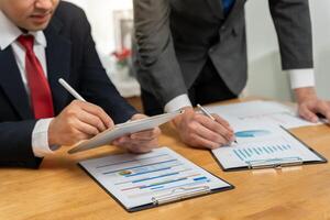 Manager present information benefits for management. financial data analysis and market growth report chart. analyzing, Planning Strategies, startup project, profitable strategy photo
