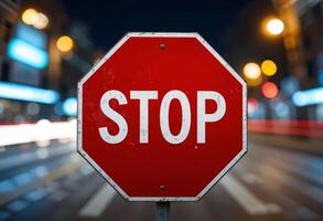 Close-up of red Stop sign in a night atmosphere, with city lights and cars on the road, blurred bokeh effect, lighting and long exposure time photo
