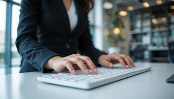 A professional woman in a tailored black suit typing on a keyboard, visible from the waist up, with a blurred modern office background, soft natural lighting photo