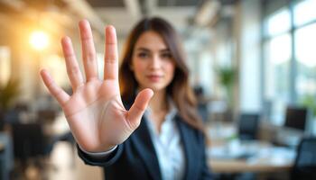 Blurred brunette businesswoman wear black blazer, palm close-up in a gesture of stop, half-body shot, blurred corporate workspace background, warning concept, refusal, caution photo