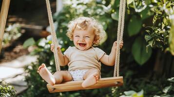Curly-haired kid laughs while swinging on a wooden swing on a playground against the background of a green garden photo