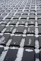 This is a detailed closeup view of a roof that has been covered with a beautiful layer of fresh snow, creating a picturesque winter scene that radiates tranquility and stillness photo