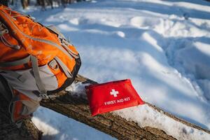 A first aid kit is prominently placed on a log in the middle of the snow, emphasizing its importance in cases of emergency during winter activities or adventures outdoors photo