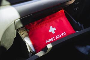A first aid kit is conveniently situated in the glove box of a vehicle, ensuring that it is easily accessible in case of any emergencies that may arise while you are traveling on the road photo