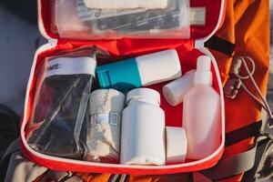 An individual is carrying a meticulously organized first aid kit inside their backpack for added convenience while traveling or engaging in outdoor activities and adventures photo