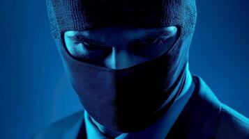A man wearing a black mask and a suit on dark blue isolated background photo