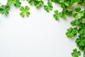 Saint Patrick's day background with sprayed green clover leaves or shamrocks., photo