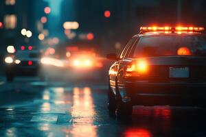 police cars with flashing lights in an emergency scene, at night .,. photo
