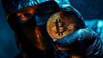 man holding a bitcoin coin in his hands, a man dressed wearing a black ski mask.,. photo