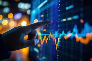 A business person interacting with charts and diagrams on a stock market screen., photo
