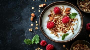 Fresh Healthy Breakfast Bowl with Creamy yogurt bowl topped and fresh berries., photo