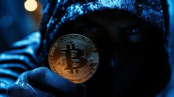 man holding a bitcoin coin in his hands, a man dressed wearing a black ski mask. photo