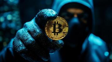 man holding a bitcoin coin in his hands, a man dressed wearing a black ski mask.., photo