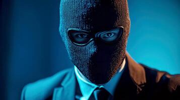 A man wearing a black mask and a suit on dark blue isolated background... photo