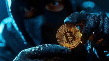 A man holding a bitcoin coin in his hands, a man dressed wearing a black ski mask.. photo