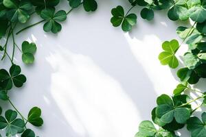 Saint Patrick's day background with sprayed green clover leaves or shamrocks.,. photo