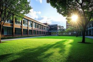 the exterior view of a public school building yard. College or university architecture, an outdoor view of a campus, high school construction, college or university landscape design. photo