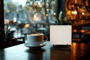 Blank menu card mockup on cafe table with coffee., photo