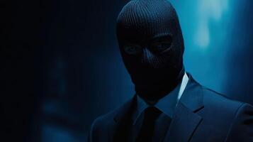 A man wearing a black mask and a suit on dark blue isolated background.. photo