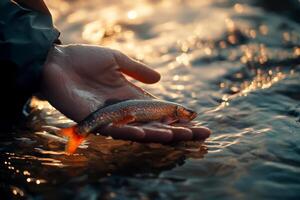 a Close-up of a hand releasing a fish into the water. photo
