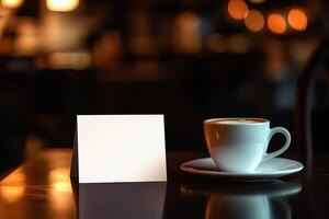 Blank menu card mockup on cafe table with coffee,,. photo