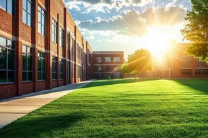exterior view of a public school building yard. College or university architecture, an outdoor view of a campus, high school construction, college or university landscape design. photo