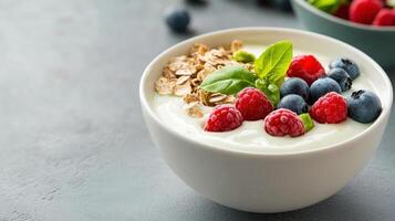 Fresh Healthy Breakfast Bowl with Creamy yogurt bowl topped and fresh berries., . photo