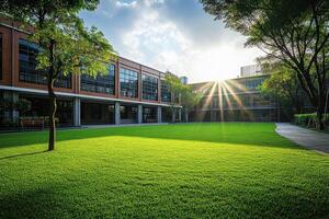An exterior view of a public school building yard. College or university architecture, an outdoor view of a campus, high school construction, college or university landscape design photo