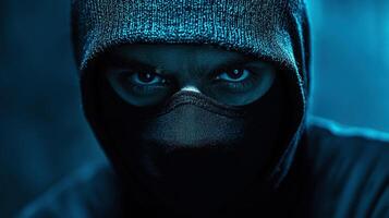 man wearing a black mask and a suit on dark blue isolated background.. photo