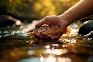 Close-up of a hand releasing a fish into the water., photo