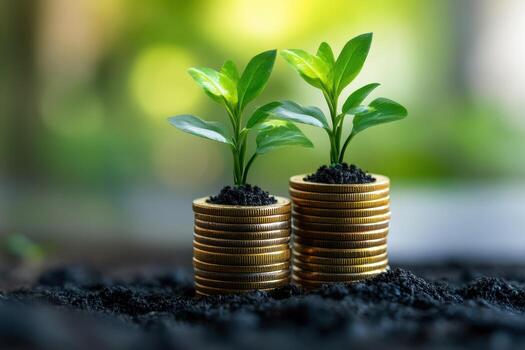 A tiny tree sprouting on top of coin stacks represents saves, investment, and financial expansion against a conceptually vibrant backdrop... photo