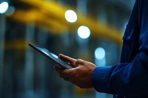 Closeup of worker's hands using digital tablet in warehouse. photo