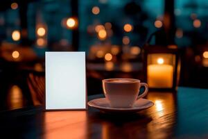 Blank menu card mockup on cafe table with coffee.., photo