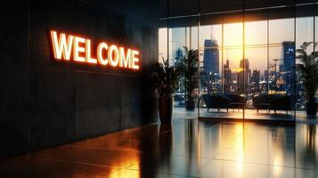 a Modern Welcome text sign in an office lobby with sleek design elements. photo
