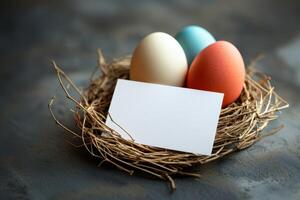 a colorful eggs and quail eggs on a minimalist background with blank greeting card mockup and delicate flowers in stylish arrangement. photo
