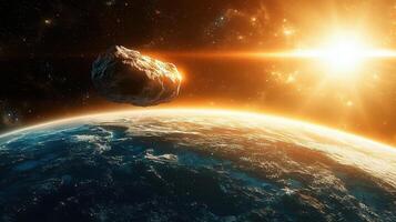 Asteroid in space near Earth. Big asteroid on orbit of Earth planet with sun light. Elements of this image furnished by NASA.. photo