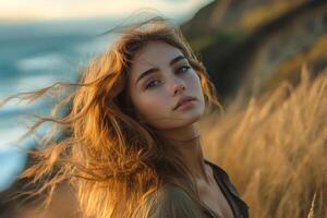 young woman Adventurer in Golden Coastal Wilderness, resilient grasses that cling to rugged cliffs showcase their remarkable adaptability, their tenacious grip on erosion control.,. photo