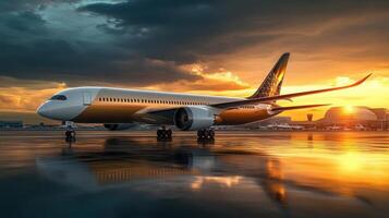 Side view of aircraft at the terminal at sunset., photo