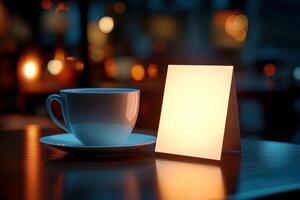 a white coffee cup with blank business card on wooden table. photo